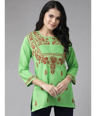 Ada Hand Embroidered Green Cotton Lucknow Chikan Top 1