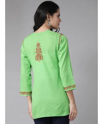 Ada Hand Embroidered Green Cotton Lucknow Chikan Top 2