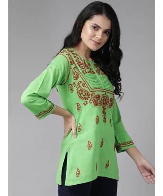 Ada Hand Embroidered Green Cotton Lucknow Chikan Top 3