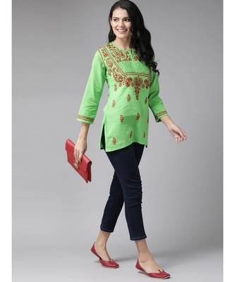 Ada Hand Embroidered Green Cotton Lucknow Chikan Top 4