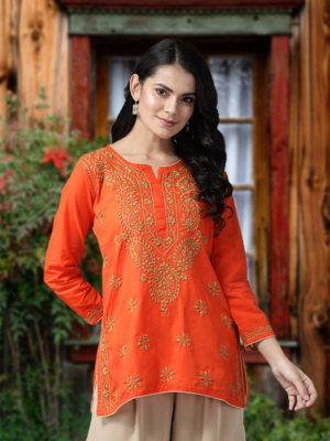Ada Hand Embroidered Orange Cotton Lucknowi Chikankari Women Short Top - A250565 2