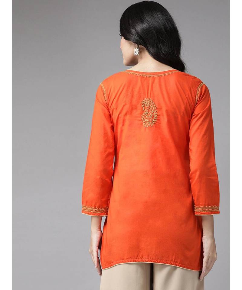Ada Hand Embroidered Orange Cotton Lucknowi Chikankari Women Short Top - A250565