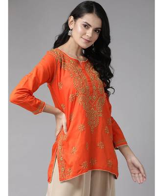 Ada Hand Embroidered Orange Cotton Lucknowi Chikankari Women Short Top - A250565 4