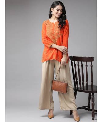 Ada Hand Embroidered Orange Cotton Lucknowi Chikankari Women Short Top - A250565 1