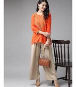 Ada Hand Embroidered Orange Cotton Lucknowi Chikankari Women Short Top - A250565