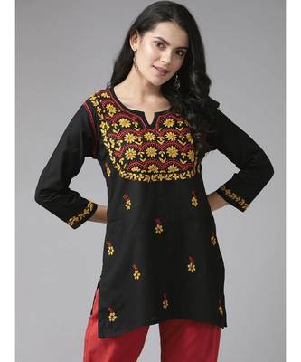 Ada Hand Embroidered Black Cotton Lucknowi Chikan Women Top - A911117 1