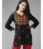 Ada Hand Embroidered Black Cotton Lucknowi Chikan Women Top - A911117