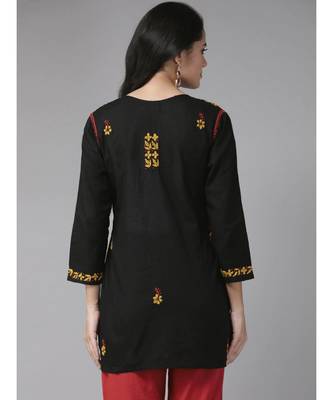 Ada Hand Embroidered Black Cotton Lucknowi Chikan Women Top - A911117 2