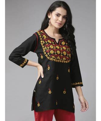 Ada Hand Embroidered Black Cotton Lucknowi Chikan Women Top - A911117 3