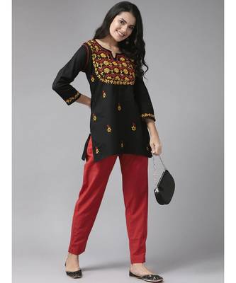 Ada Hand Embroidered Black Cotton Lucknowi Chikan Women Top - A911117 4