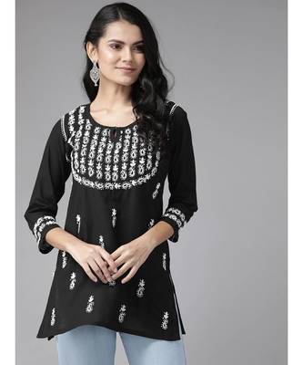 Ada Hand Embroidered Black Cotton Lucknow Chikankari Women Short kurti - A911118 1