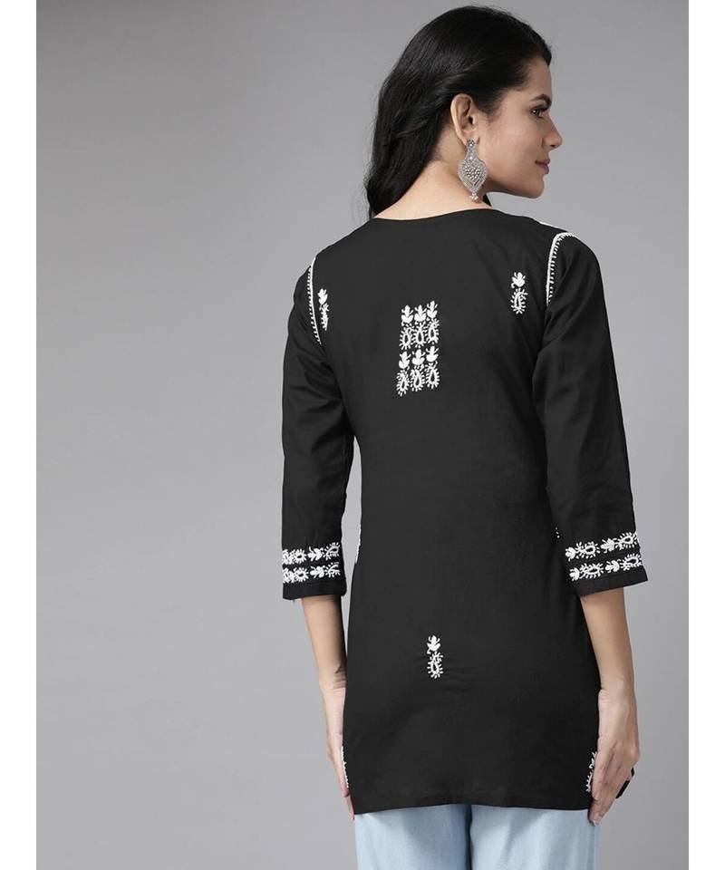 Ada Hand Embroidered Black Cotton Lucknow Chikankari Women Short kurti - A911118