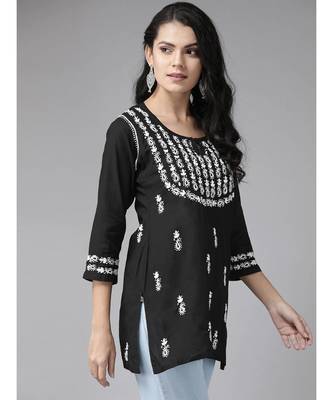 Ada Hand Embroidered Black Cotton Lucknow Chikankari Women Short kurti - A911118 3