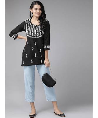 Ada Hand Embroidered Black Cotton Lucknow Chikankari Women Short kurti - A911118 4