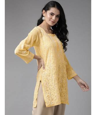 Ada Hand Embroidered Yellow Georgette Lucknow Chikan Women Short Kurti - A911120 1