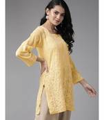 Ada Hand Embroidered Yellow Georgette Lucknow Chikan Women Short Kurti - A911120