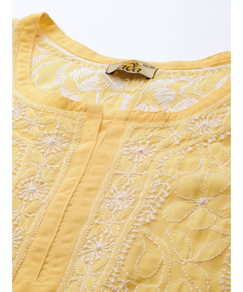 Ada Hand Embroidered Yellow Georgette Lucknow Chikan Women Short Kurti - A911120