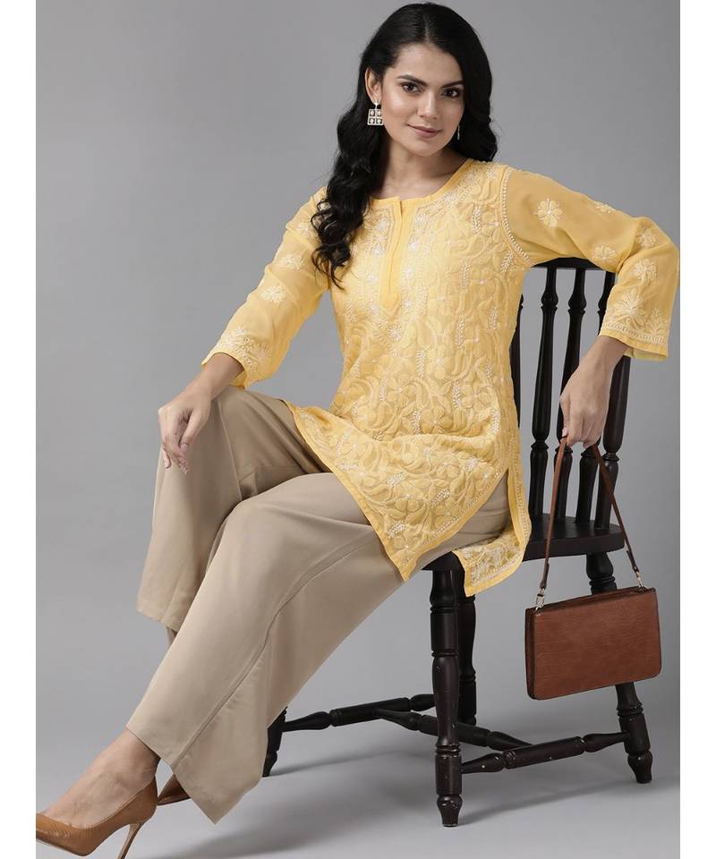 Ada Hand Embroidered Yellow Georgette Lucknow Chikan Women Short Kurti - A911120