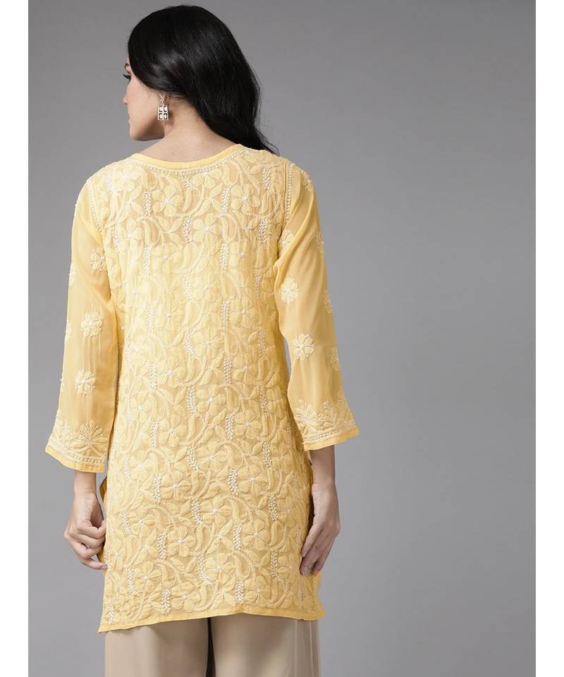 Ada Hand Embroidered Yellow Georgette Lucknow Chikan Women Short Kurti - A911120