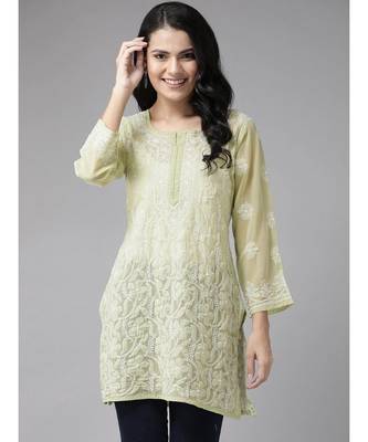 Ada Hand Embroidered Sage Green Georgette Lucknow Chikan Women Short Kurti - A911121 1