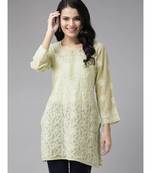 Ada Hand Embroidered Sage Green Georgette Lucknow Chikan Women Short Kurti - A911121
