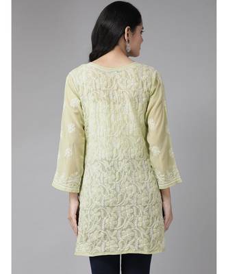 Ada Hand Embroidered Sage Green Georgette Lucknow Chikan Women Short Kurti - A911121 2