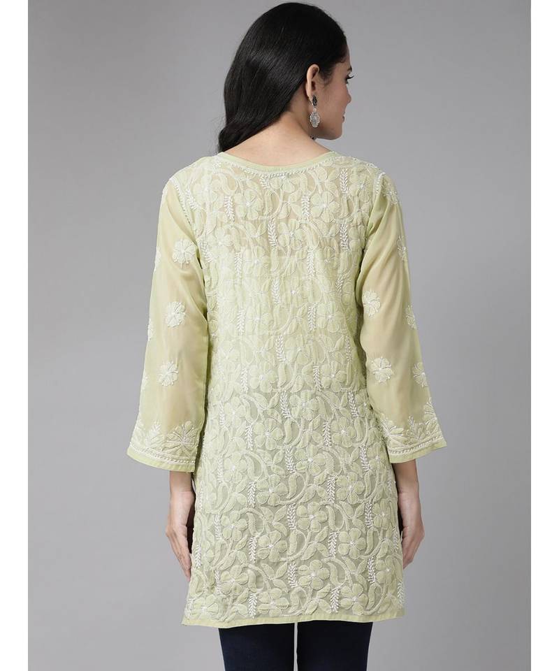 Ada Hand Embroidered Sage Green Georgette Lucknow Chikan Women Short Kurti - A911121