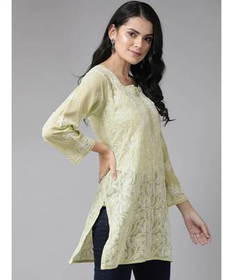 Ada Hand Embroidered Sage Green Georgette Lucknow Chikan Women Short Kurti - A911121 3