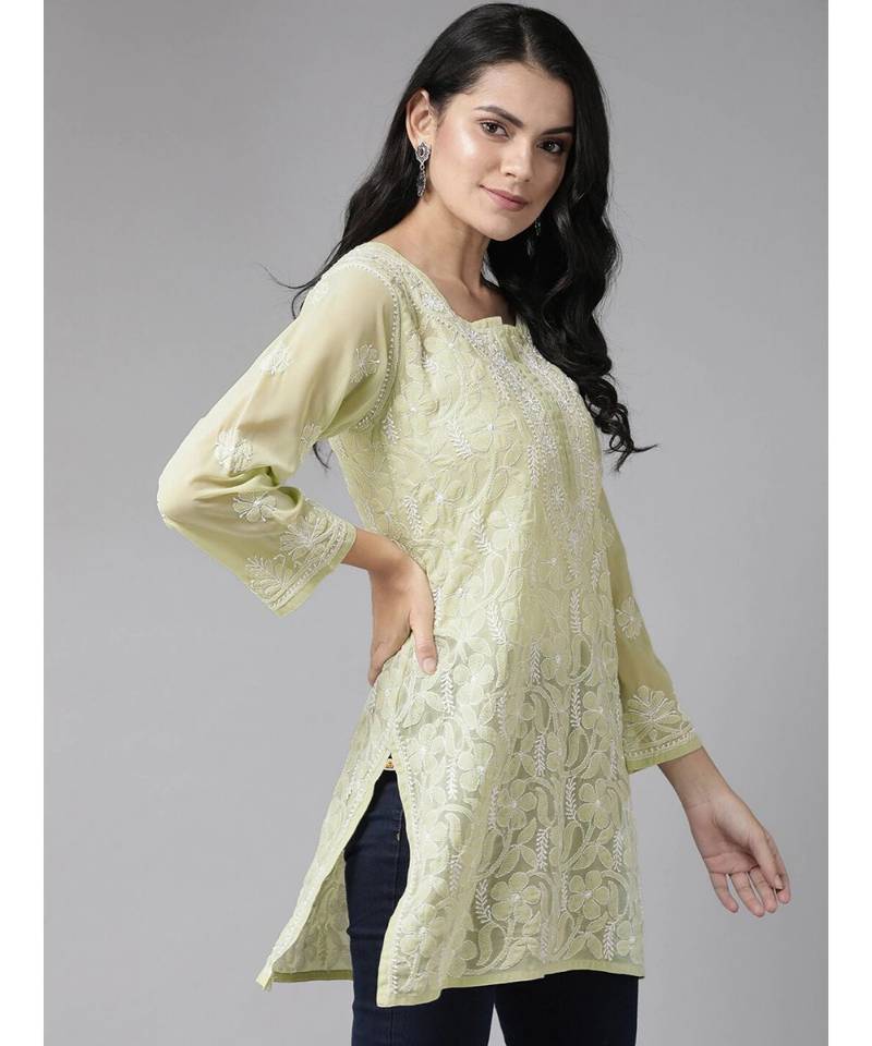 Ada Hand Embroidered Sage Green Georgette Lucknow Chikan Women Short Kurti - A911121