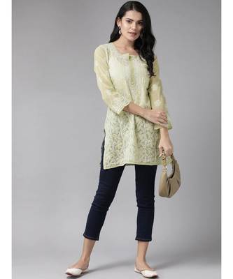 Ada Hand Embroidered Sage Green Georgette Lucknow Chikan Women Short Kurti - A911121 4