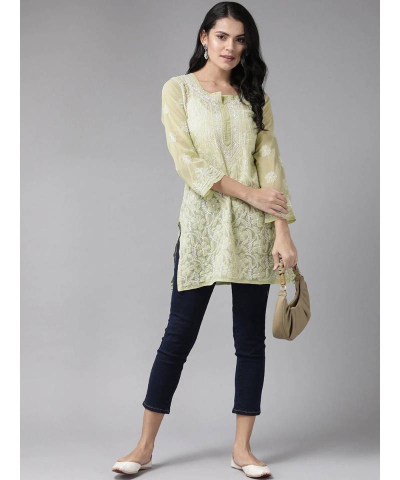 Ada Hand Embroidered Sage Green Georgette Lucknow Chikan Women Short Kurti - A911121