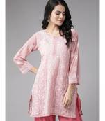 Ada Hand Embroidered Onion Pink Georgette Lucknow Chikan Women Short Kurti - A911123