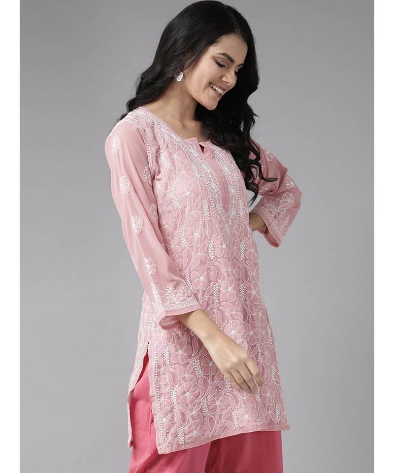 Ada Hand Embroidered Onion Pink Georgette Lucknow Chikan Women Short Kurti - A911123