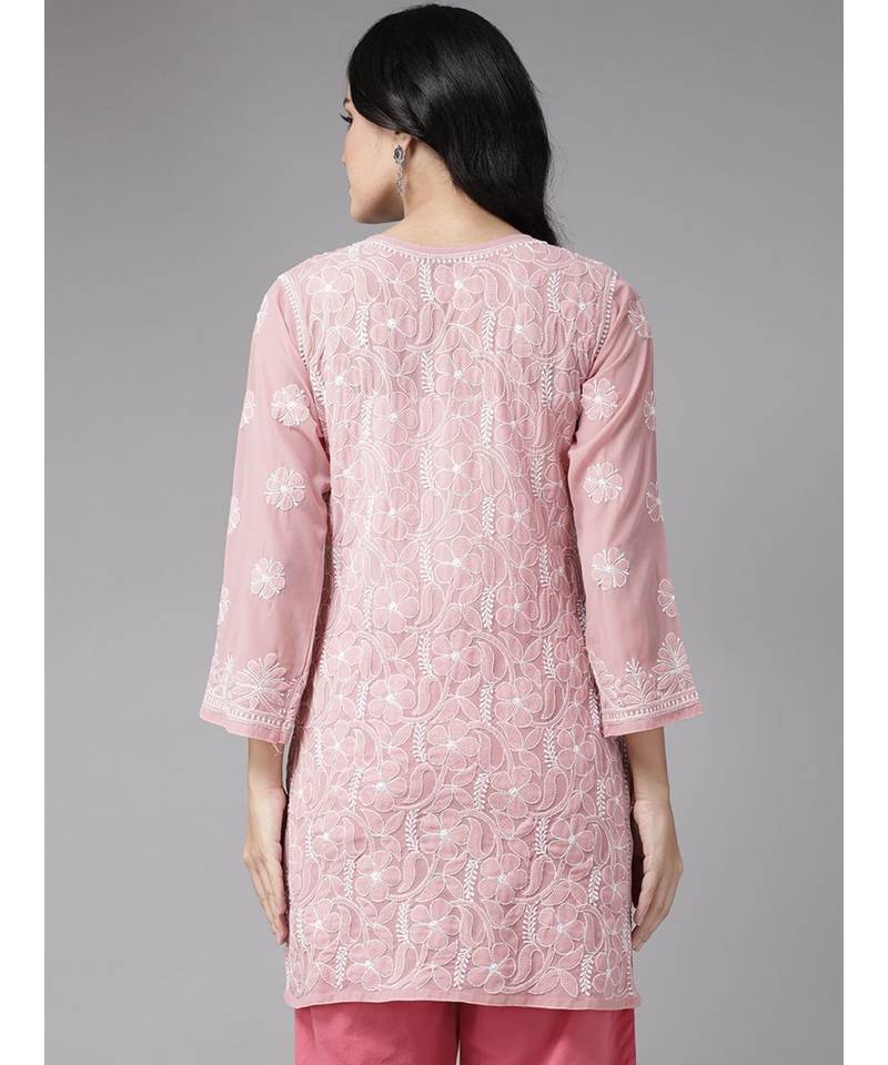 Ada Hand Embroidered Onion Pink Georgette Lucknow Chikan Women Short Kurti - A911123