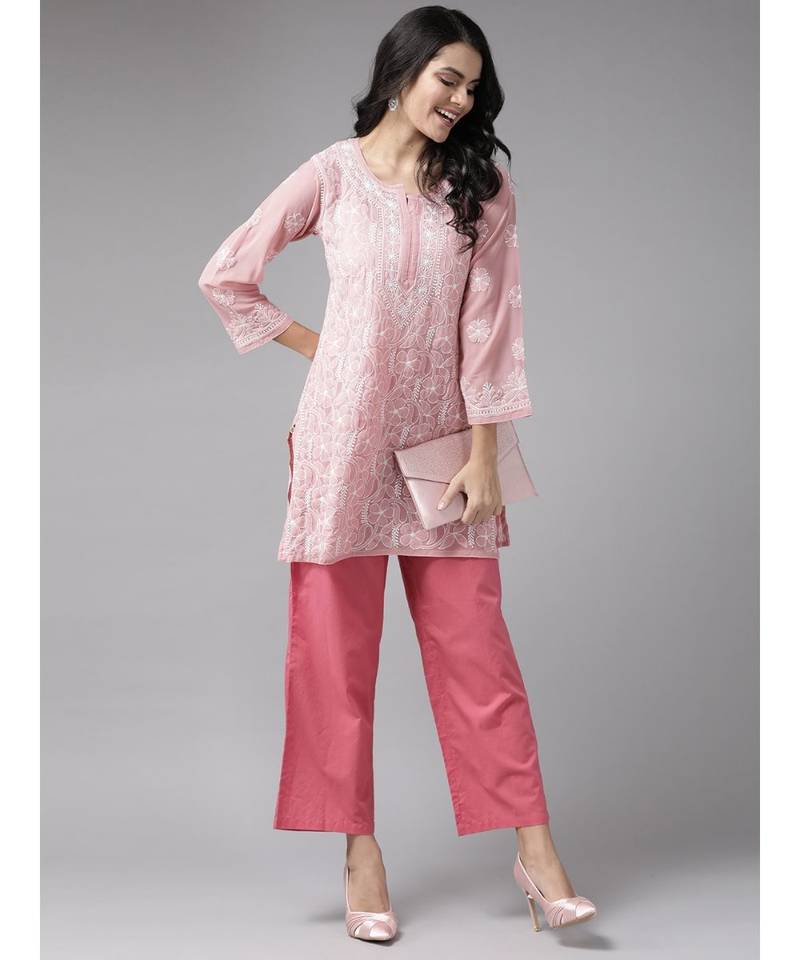 Ada Hand Embroidered Onion Pink Georgette Lucknow Chikan Women Short Kurti - A911123