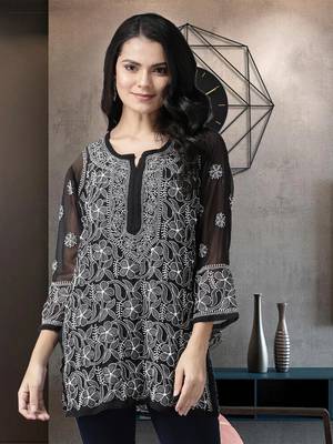 Hand Embroidered Black Georgette Lucknow Chikan Women Short Kurti 1
