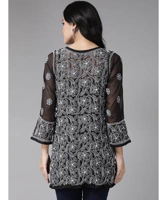 Hand Embroidered Black Georgette Lucknow Chikan Women Short Kurti 2
