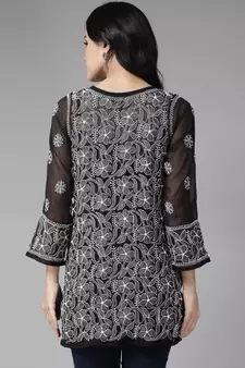 Hand Embroidered Black Georgette Lucknow Chikan Women Short Kurti