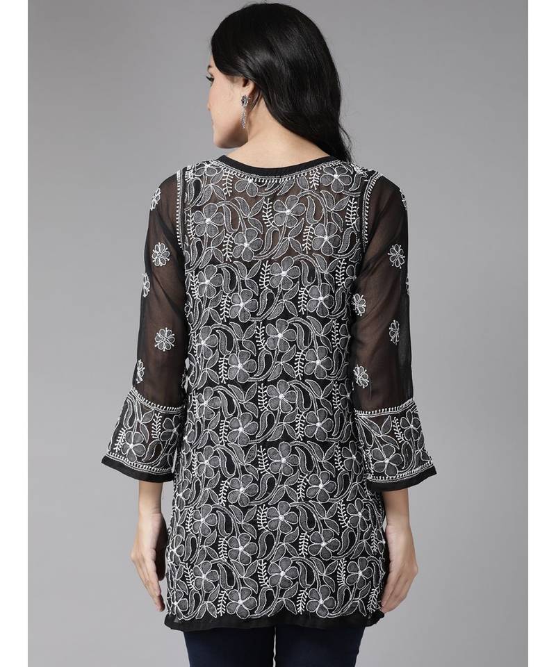 Hand Embroidered Black Georgette Lucknow Chikan Women Short Kurti