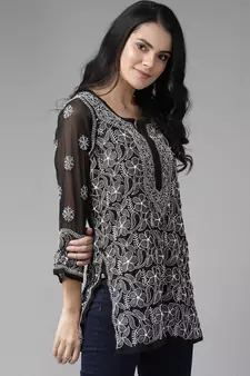 Hand Embroidered Black Georgette Lucknow Chikan Women Short Kurti