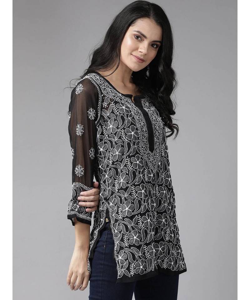 Hand Embroidered Black Georgette Lucknow Chikan Women Short Kurti
