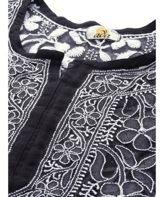 Hand Embroidered Black Georgette Lucknow Chikan Women Short Kurti 4