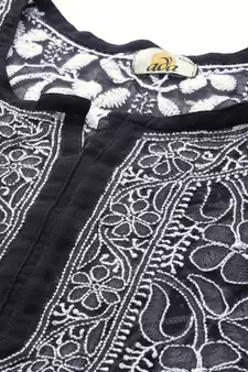 Hand Embroidered Black Georgette Lucknow Chikan Women Short Kurti