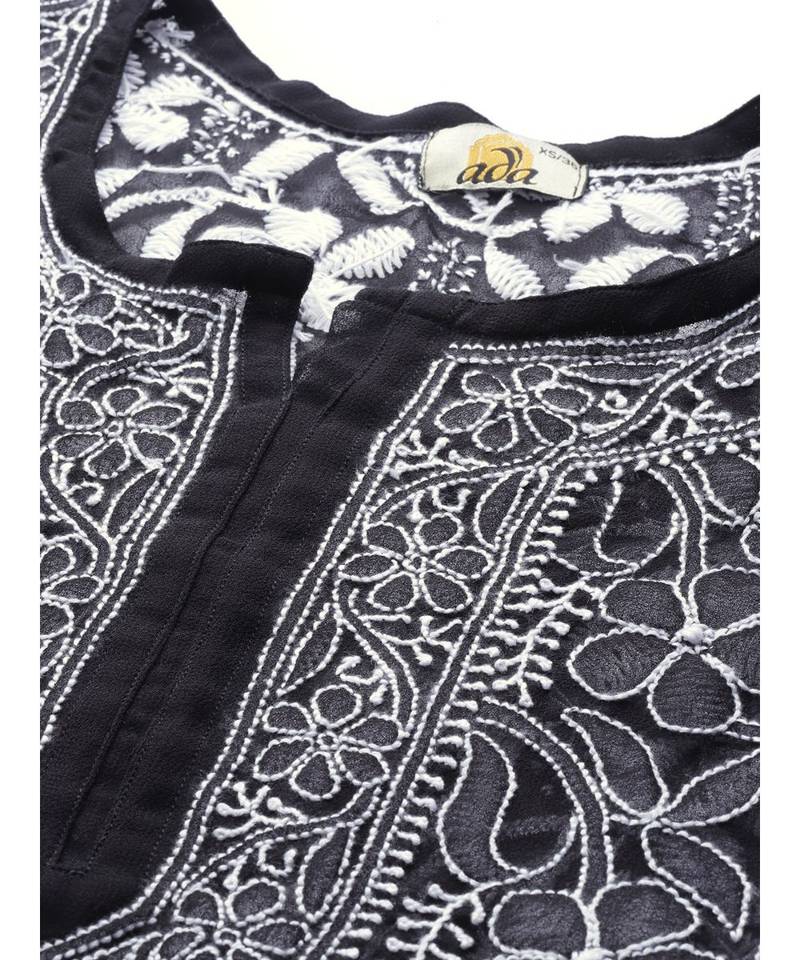 Hand Embroidered Black Georgette Lucknow Chikan Women Short Kurti