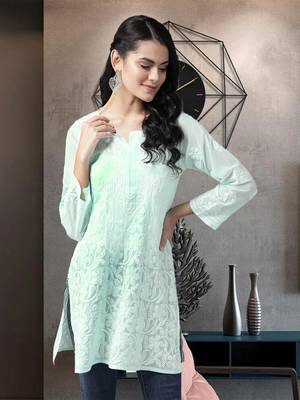 Hand Embroidered Sea Green Georgette Lucknow Chikan Women Short Kurti 1