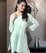Hand Embroidered Sea Green Georgette Lucknow Chikan Women Short Kurti