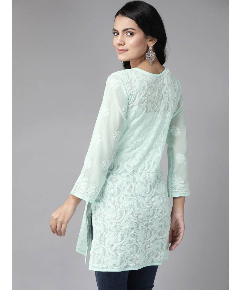 Hand Embroidered Sea Green Georgette Lucknow Chikan Women Short Kurti