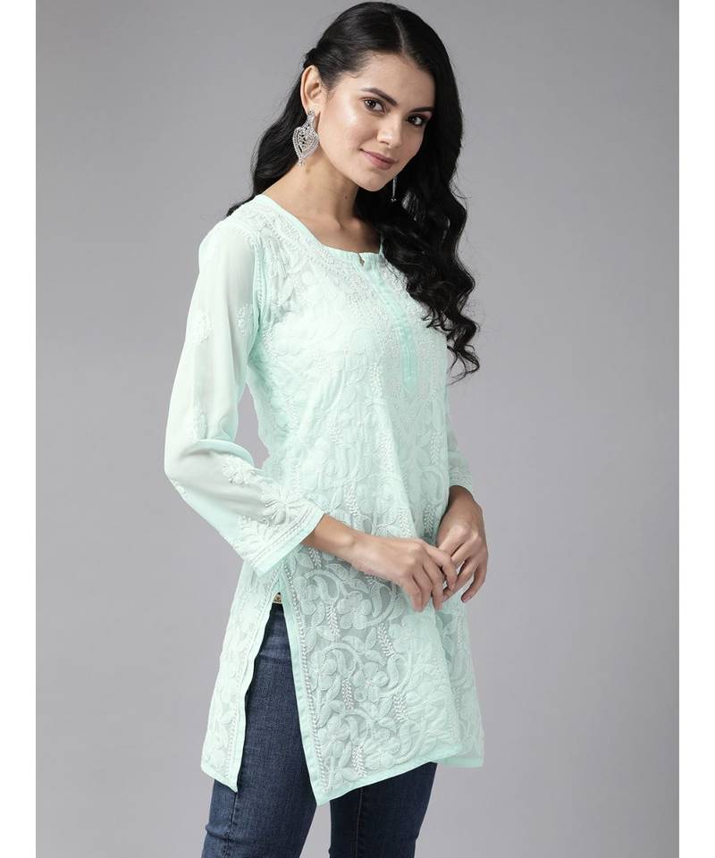 Hand Embroidered Sea Green Georgette Lucknow Chikan Women Short Kurti