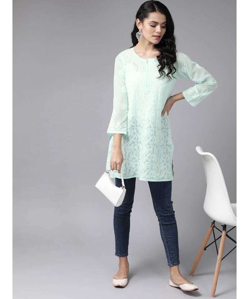 Hand Embroidered Sea Green Georgette Lucknow Chikan Women Short Kurti