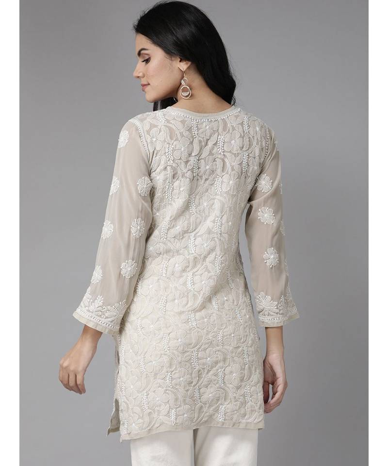 Ada Hand Embroidered Grey Georgette Lucknow Chikankari Indian Women Short Kurti - A911124